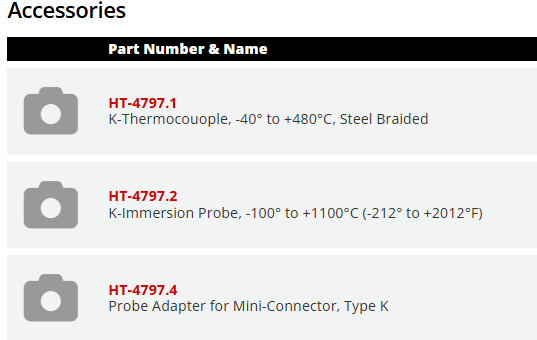 Part Number & Name		QTY HT-4797.1 K-Thermocouople, -40&deg; to +480&deg;C, Steel Braided		 QTY HT-4797.2 K-Immersion Probe, -100&deg; to +1100&deg;C (-212&deg; to +2012&deg;F)		 QTY HT-4797.4 Probe Adapter for Mini-Connector, Type K